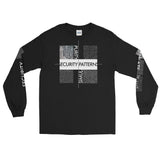 BLACK LONG SLEEVE WITH "SECURITY PATTERNS" TEXT AND DESIGN ON FRONT, DESIGNS ON SLEEVES